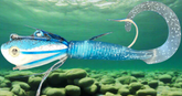 10 Ounce Herring Pattern Blue Guppy Jig with grub tail.